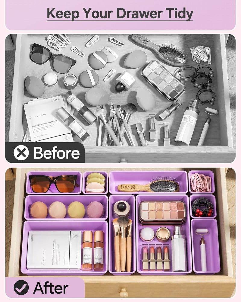KEMETHY 25 PCS Plastic Drawer Organizers Set, 4 Sizes Vanity Organizer, Makeup and Desk Drawer Organizer Trays, Organization and Storage for Makeup, Bathroom, Kitchen Utensils and Office (Purple) - Image 3